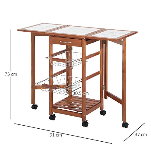 HOMCOM Mesa Auxiliar Cocina 91x37x75 cm Plegable 6 Ruedas 1 Cajon 2 Cestas Carrito Servicio Pino Metal Cromado