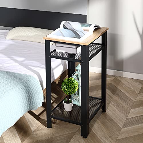 HOMCOM Mesa Auxiliar Mesita de Noche Estilo Industrial con 2 Estantes de Rejilla de Metal y Pies Ajustables para Salón Dormitorio 45x35x75 cm Roble y Negro