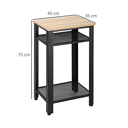 HOMCOM Mesa Auxiliar Mesita de Noche Estilo Industrial con 2 Estantes de Rejilla de Metal y Pies Ajustables para Salón Dormitorio 45x35x75 cm Roble y Negro