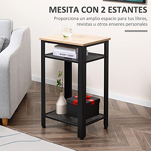 HOMCOM Mesa Auxiliar Mesita de Noche Estilo Industrial con 2 Estantes de Rejilla de Metal y Pies Ajustables para Salón Dormitorio 45x35x75 cm Roble y Negro