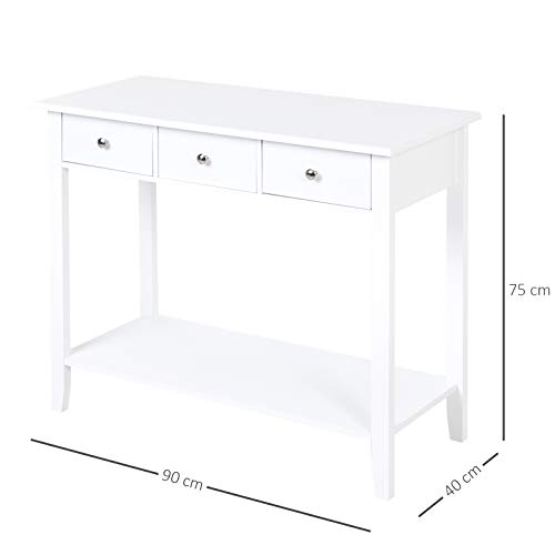 HOMCOM Mesa Auxiliar para la Entrada con 3 Cajones y 1 Estante Inferior para Gran Espacio de Almacenaje para Muebles de Recibidor Tipo Consola Clásica Vintage 90x40x75cm Blanco