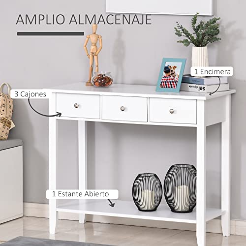 HOMCOM Mesa Auxiliar para la Entrada con 3 Cajones y 1 Estante Inferior para Gran Espacio de Almacenaje para Muebles de Recibidor Tipo Consola Clásica Vintage 90x40x75cm Blanco