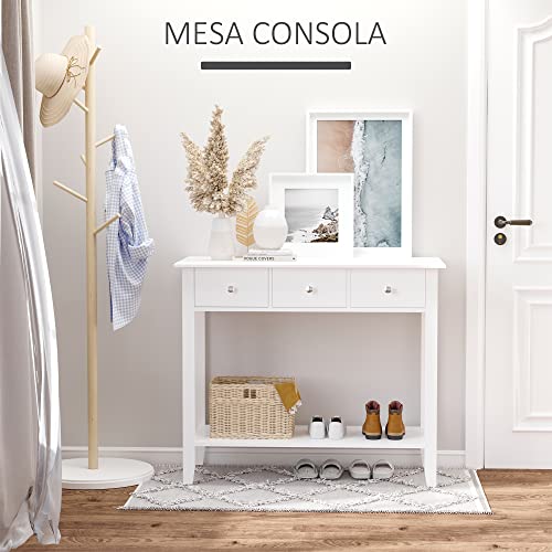 HOMCOM Mesa Auxiliar para la Entrada con 3 Cajones y 1 Estante Inferior para Gran Espacio de Almacenaje para Muebles de Recibidor Tipo Consola Clásica Vintage 90x40x75cm Blanco