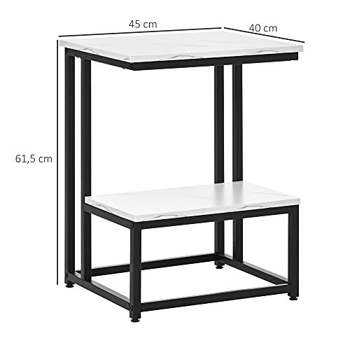 HOMCOM Mesa Auxiliar para Salón Mesa Lateral con 2 Estantes de Almacenaje y Estructura de Acero Superficie Imitación Mármol Estilo Moderno 45x40x61,5 cm Blanco