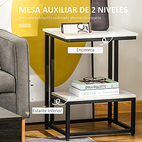 HOMCOM Mesa Auxiliar para Salón Mesa Lateral con 2 Estantes de Almacenaje y Estructura de Acero Superficie Imitación Mármol Estilo Moderno 45x40x61,5 cm Blanco