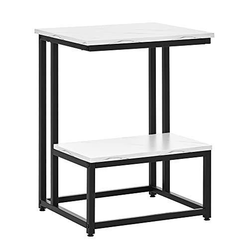 HOMCOM Mesa Auxiliar para Salón Mesa Lateral con 2 Estantes de Almacenaje y Estructura de Acero Superficie Imitación Mármol Estilo Moderno 45x40x61,5 cm Blanco