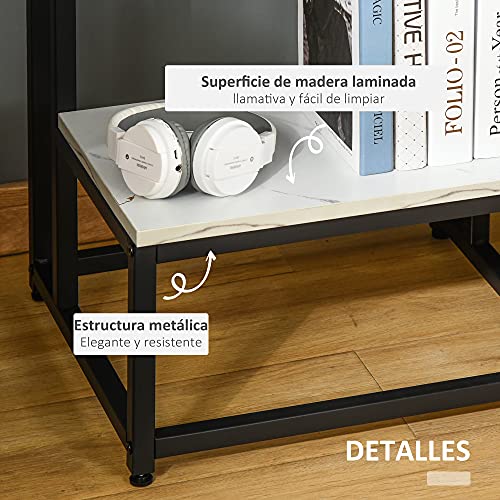 HOMCOM Mesa Auxiliar para Salón Mesa Lateral con 2 Estantes de Almacenaje y Estructura de Acero Superficie Imitación Mármol Estilo Moderno 45x40x61,5 cm Blanco