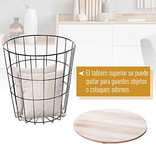 HOMCOM Mesa Auxiliar Redonda Mesa de Centro de Estilo Industrial Salón o Dormitorio por Gran Espacio de Almacenaje Φ39.5x43cm Madera y Negro