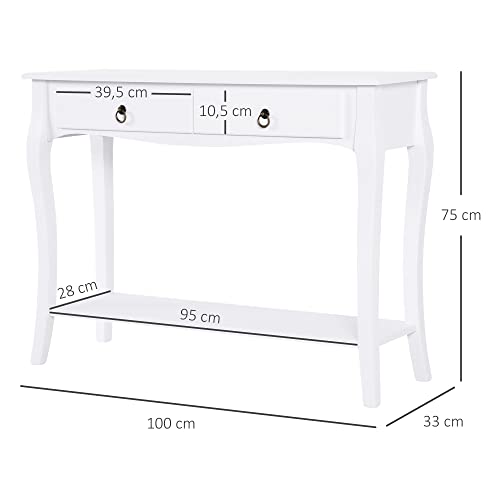 HOMCOM Mesa Consola Aparador Salón Comedor Mueble Recibidor Mesa Auxiliar con Cajones y Estante Diseño Elegante 100x33x75cm Madera Color Blanco Brillo