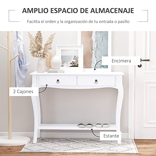 HOMCOM Mesa Consola Aparador Salón Comedor Mueble Recibidor Mesa Auxiliar con Cajones y Estante Diseño Elegante 100x33x75cm Madera Color Blanco Brillo