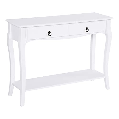 HOMCOM Mesa Consola Aparador Salón Comedor Mueble Recibidor Mesa Auxiliar con Cajones y Estante Diseño Elegante 100x33x75cm Madera Color Blanco Brillo