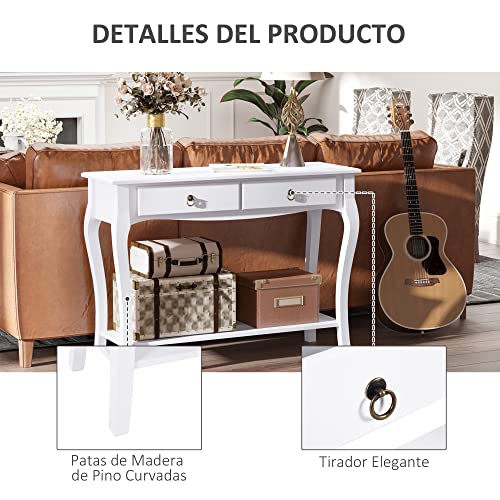 HOMCOM Mesa Consola Aparador Salón Comedor Mueble Recibidor Mesa Auxiliar con Cajones y Estante Diseño Elegante 100x33x75cm Madera Color Blanco Brillo