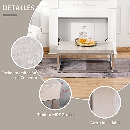 HOMCOM Mesa de Centro Cuadrada Mesa Auxiliar Multifuncional con Marco de Acero Inoxidable Estilo Moderno para Salón Sofá 80x80x34 cm Gris Cemento