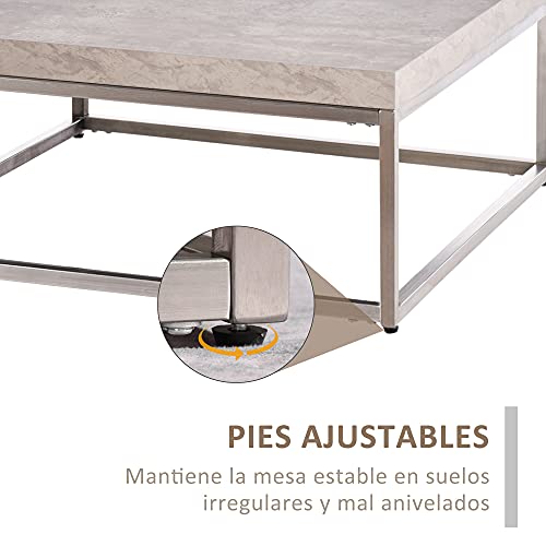 HOMCOM Mesa de Centro Cuadrada Mesa Auxiliar Multifuncional con Marco de Acero Inoxidable Estilo Moderno para Salón Sofá 80x80x34 cm Gris Cemento