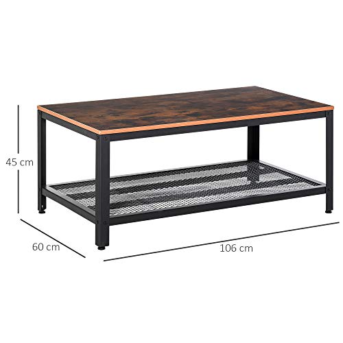 HOMCOM Mesa de Centro Mesa Auxiliar Multifuncional para Sofá Salón Dormitorio Estilo Industrial Retro Estante de Rejilla Mesa Café Acero y Madera 106x60x45cm