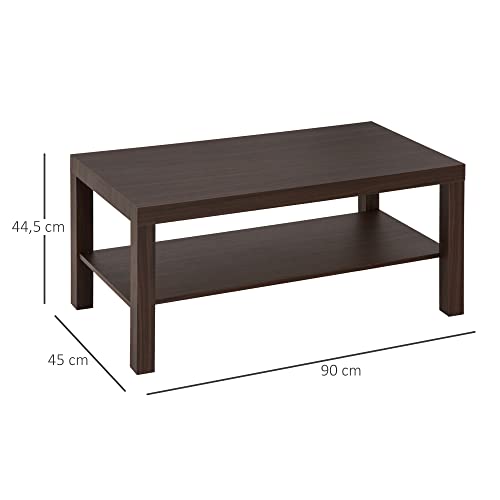 HOMCOM Mesa de Centro Mesita Café Mueble Salón Comedor Mesa Auxiliar Madera de 2 Niveles Mesa para Sofá Sala de Estar 90x45x40.5cm Nogal