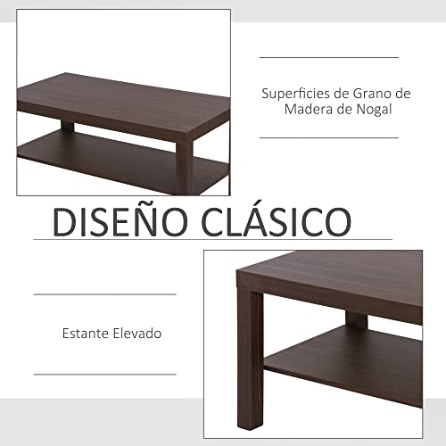 HOMCOM Mesa de Centro Mesita Café Mueble Salón Comedor Mesa Auxiliar Madera de 2 Niveles Mesa para Sofá Sala de Estar 90x45x40.5cm Nogal