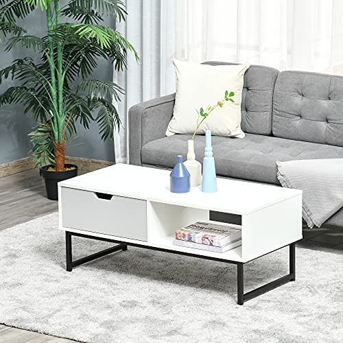 HOMCOM Mesa de Centro para Salón Moderna con Estante Abierto Cajón y Patas Elevadas Mesa Auxiliar para Sala de Estar Oficina 106x48x43 cm Blanco