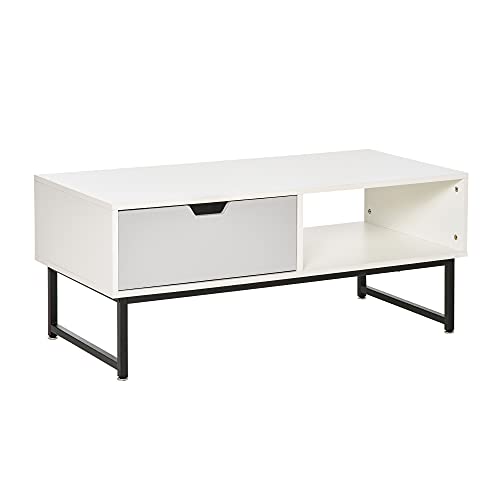 HOMCOM Mesa de Centro para Salón Moderna con Estante Abierto Cajón y Patas Elevadas Mesa Auxiliar para Sala de Estar Oficina 106x48x43 cm Blanco