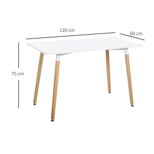 HOMCOM Mesa de Comedor de Estilo Nórdico Moderno con Patas de Madera de Haya Estructura de Metal con Almohadillas Ajustables 120x60x75 cm Blanco