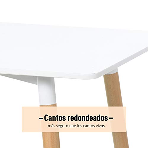 HOMCOM Mesa de Comedor de Estilo Nórdico Moderno con Patas de Madera de Haya Estructura de Metal con Almohadillas Ajustables 120x60x75 cm Blanco