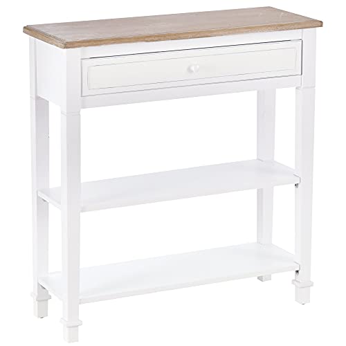 HOMCOM Mesa de Consola Multifuncional Mesa Auxiliar para Sala Pasillo Comedor con 2 Estantes 1 Cajón Extraíble Manija Estilo de Retro Pino 75,6x27,5x80,5 cm Madera Natural Blanco