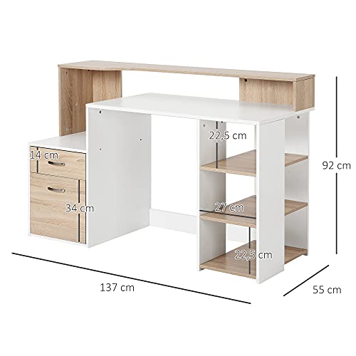 HOMCOM Mesa de Ordenador PC 137x55x92cm Despacho Escritorio Oficina Escuela Estanteria Madera 2 Colores (Roble+Blanco)