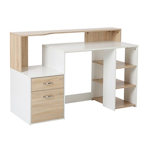 HOMCOM Mesa de Ordenador PC 137x55x92cm Despacho Escritorio Oficina Escuela Estanteria Madera 2 Colores (Roble+Blanco)