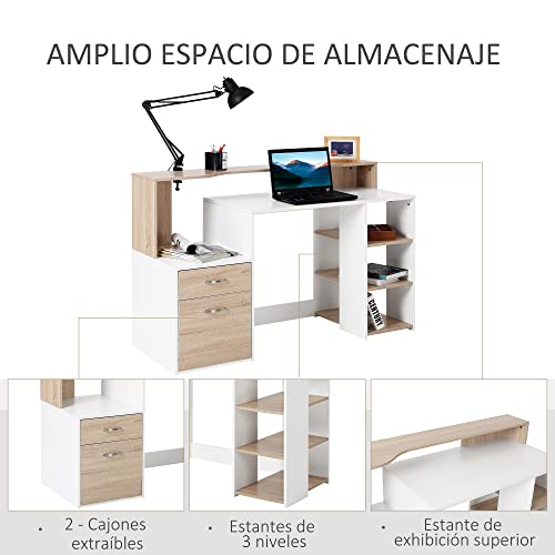 HOMCOM Mesa de Ordenador PC 137x55x92cm Despacho Escritorio Oficina Escuela Estanteria Madera 2 Colores (Roble+Blanco)