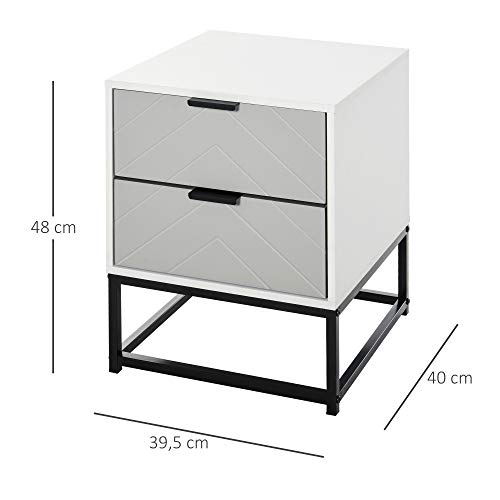 HOMCOM Mesita de Noche Mesa Auxiliar con 2 Cajones y Base Elevada de Metal para Dormitorio Cama Salón Estilo Moderno y Minimalista 39,5x40x48 cm Blanco y Gris