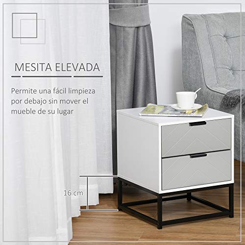 HOMCOM Mesita de Noche Mesa Auxiliar con 2 Cajones y Base Elevada de Metal para Dormitorio Cama Salón Estilo Moderno y Minimalista 39,5x40x48 cm Blanco y Gris