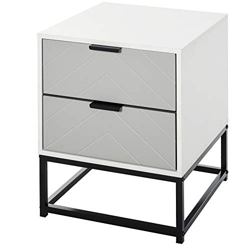 HOMCOM Mesita de Noche Mesa Auxiliar con 2 Cajones y Base Elevada de Metal para Dormitorio Cama Salón Estilo Moderno y Minimalista 39,5x40x48 cm Blanco y Gris