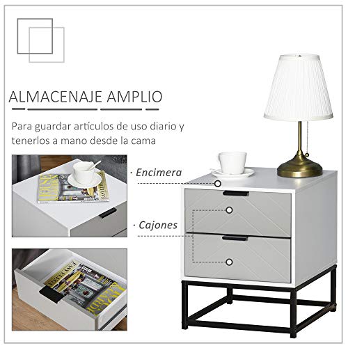 HOMCOM Mesita de Noche Mesa Auxiliar con 2 Cajones y Base Elevada de Metal para Dormitorio Cama Salón Estilo Moderno y Minimalista 39,5x40x48 cm Blanco y Gris