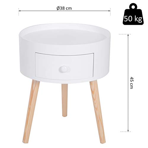 HOMCOM Mesita de Noche Trípode Mesa Auxiliar para Dormitorio Sala de Estar con 1 Cajón Borde Elevado 3 Patas de Madera Diseño Moderno Ф38x45 cm Blanco