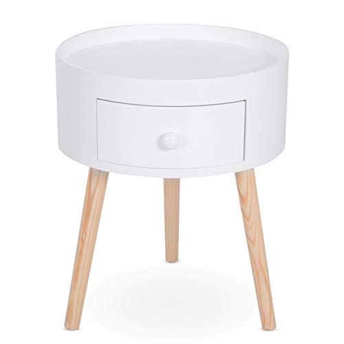 HOMCOM Mesita de Noche Trípode Mesa Auxiliar para Dormitorio Sala de Estar con 1 Cajón Borde Elevado 3 Patas de Madera Diseño Moderno Ф38x45 cm Blanco