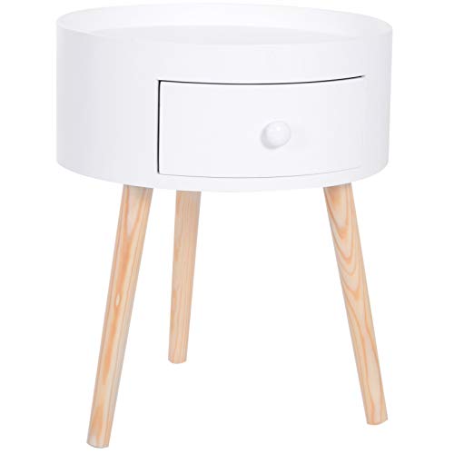 HOMCOM Mesita de Noche Trípode Mesa Auxiliar para Dormitorio Sala de Estar con 1 Cajón Borde Elevado 3 Patas de Madera Diseño Moderno Ф38x45 cm Blanco