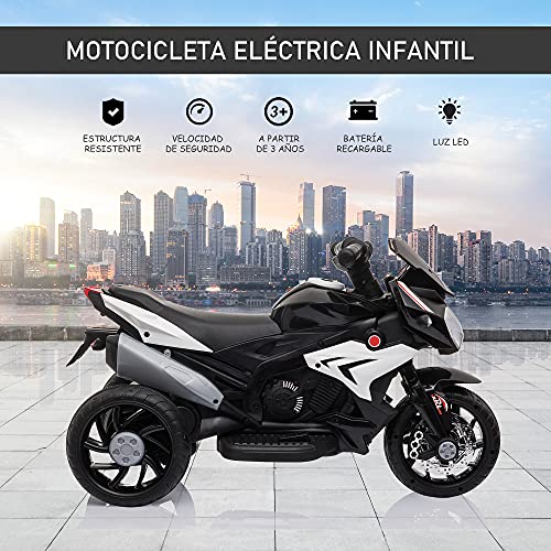 HOMCOM Moto Eléctrica Infantil con 3 Ruedas Trimoto para Niños de +3 Años con Batería 6V Recargable Funciones de Música Bocina Faros 86x42x52 cm Negro y Blanco