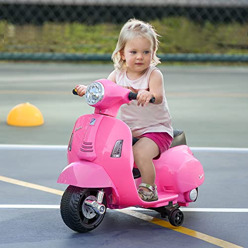 HOMCOM Moto Eléctrica Vespa para Niños de 18-36 Meses con Faro Bocina y 4 Ruedas Motocicleta Infantil con Licencia 66,5x38x52 cm Rosa