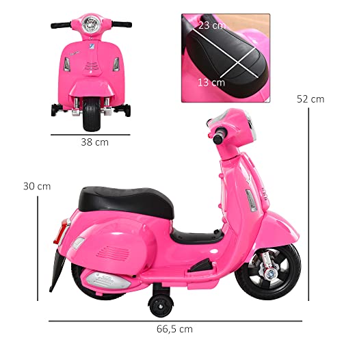 HOMCOM Moto Eléctrica Vespa para Niños de 18-36 Meses con Faro Bocina y 4 Ruedas Motocicleta Infantil con Licencia 66,5x38x52 cm Rosa