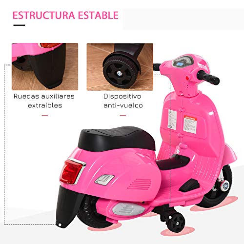 HOMCOM Moto Eléctrica Vespa para Niños de 18-36 Meses con Faro Bocina y 4 Ruedas Motocicleta Infantil con Licencia 66,5x38x52 cm Rosa