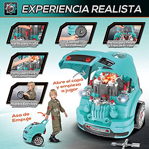 HOMCOM Motor de Camión para Niños de +3 Años Conjunto de Motor de Juguete con 61 Piezas Volante Bocina Faros Caja de Almacenaje y Ruedas 40x39x47 cm Turquesa