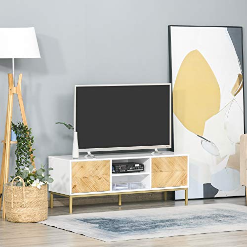 HOMCOM Mueble de TV Mesa de Salón para Televisión de hasta 60 Pulgadas con Estantes y Armarios con Puertas Cierre Pop-up Moderno 120x40x44,6 cm Blanco y Madera Natural