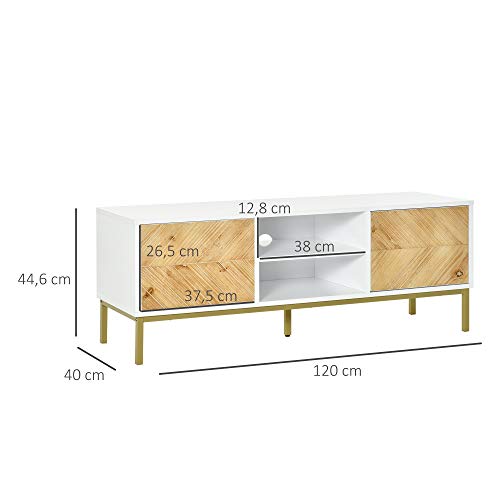 HOMCOM Mueble de TV Mesa de Salón para Televisión de hasta 60 Pulgadas con Estantes y Armarios con Puertas Cierre Pop-up Moderno 120x40x44,6 cm Blanco y Madera Natural