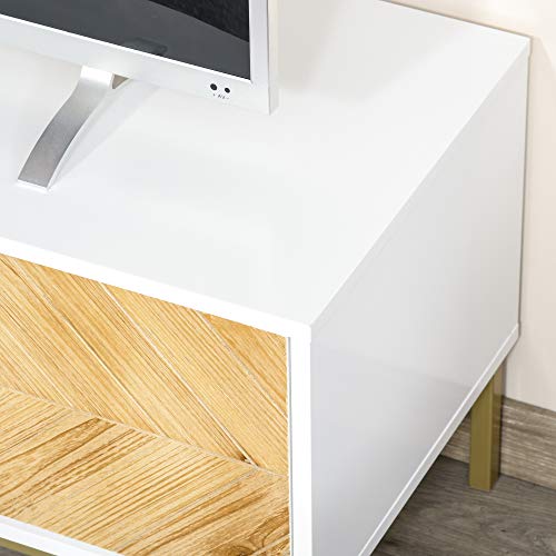 HOMCOM Mueble de TV Mesa de Salón para Televisión de hasta 60 Pulgadas con Estantes y Armarios con Puertas Cierre Pop-up Moderno 120x40x44,6 cm Blanco y Madera Natural