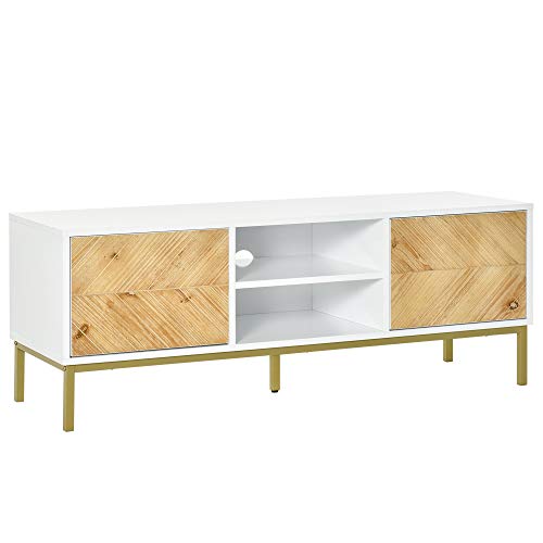 HOMCOM Mueble de TV Mesa de Salón para Televisión de hasta 60 Pulgadas con Estantes y Armarios con Puertas Cierre Pop-up Moderno 120x40x44,6 cm Blanco y Madera Natural