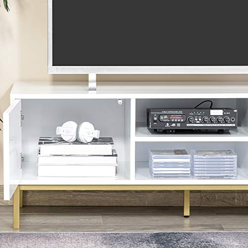 HOMCOM Mueble de TV Mesa de Salón para Televisión de hasta 60 Pulgadas con Estantes y Armarios con Puertas Cierre Pop-up Moderno 120x40x44,6 cm Blanco y Madera Natural