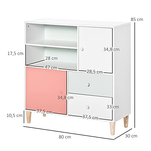 HOMCOM Mueble Infantil Librería Estantería para Niños con 2 Compartimentos 2 Cajones y 2 Armarios Almacenaje de Libros Juguetes Ropa para Habitación Guardería 80x30x85 cm Coral