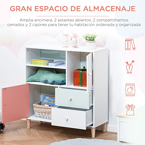 HOMCOM Mueble Infantil Librería Estantería para Niños con 2 Compartimentos 2 Cajones y 2 Armarios Almacenaje de Libros Juguetes Ropa para Habitación Guardería 80x30x85 cm Coral