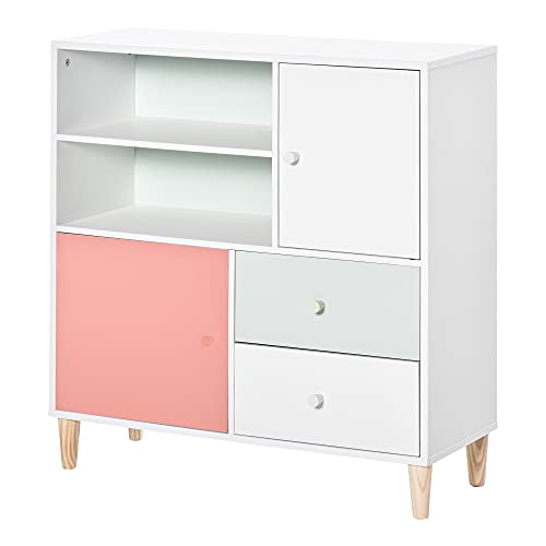 HOMCOM Mueble Infantil Librería Estantería para Niños con 2 Compartimentos 2 Cajones y 2 Armarios Almacenaje de Libros Juguetes Ropa para Habitación Guardería 80x30x85 cm Coral