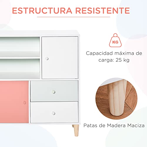 HOMCOM Mueble Infantil Librería Estantería para Niños con 2 Compartimentos 2 Cajones y 2 Armarios Almacenaje de Libros Juguetes Ropa para Habitación Guardería 80x30x85 cm Coral